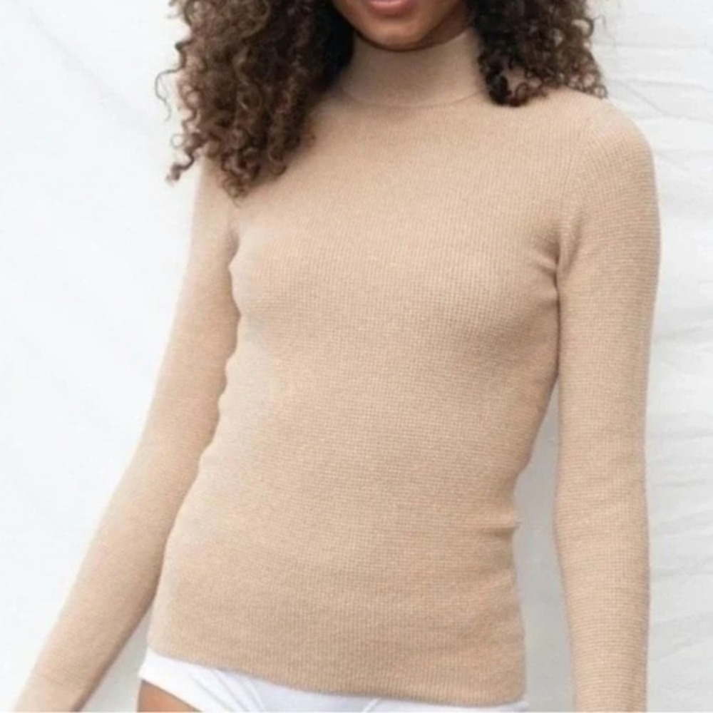 Lunya Sweater Women's XS‎ Tan Cozy Cotton Silk Mock Neck Waffle Stretch Pullover
